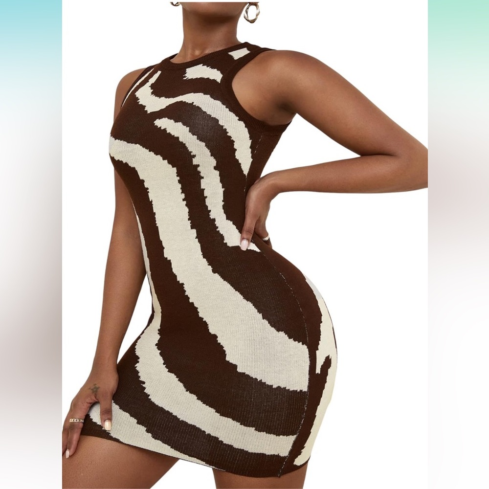 Women's Zebra Striped Print Sleeveless Bodycon Sweater Mini Dress